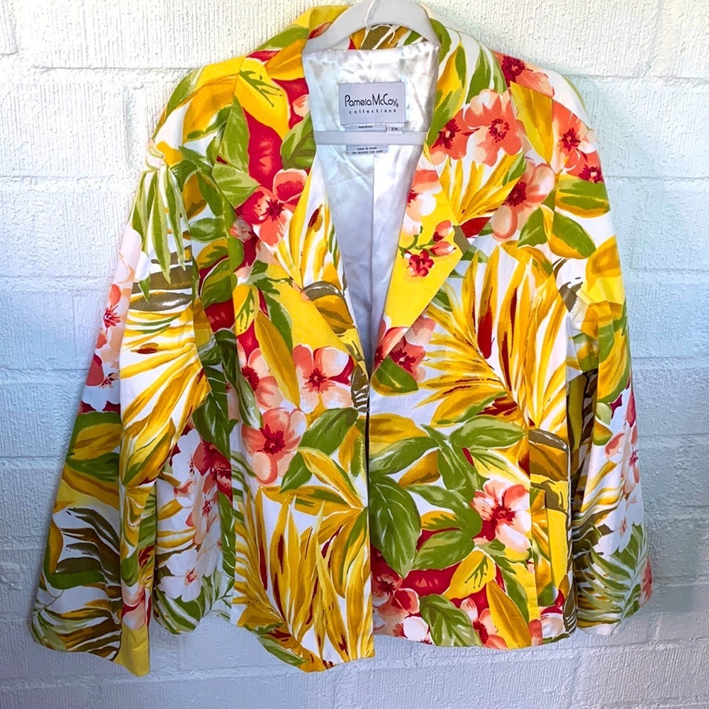 Pamela McCoy Floral Yellow Green Blazer Jacket size 2X